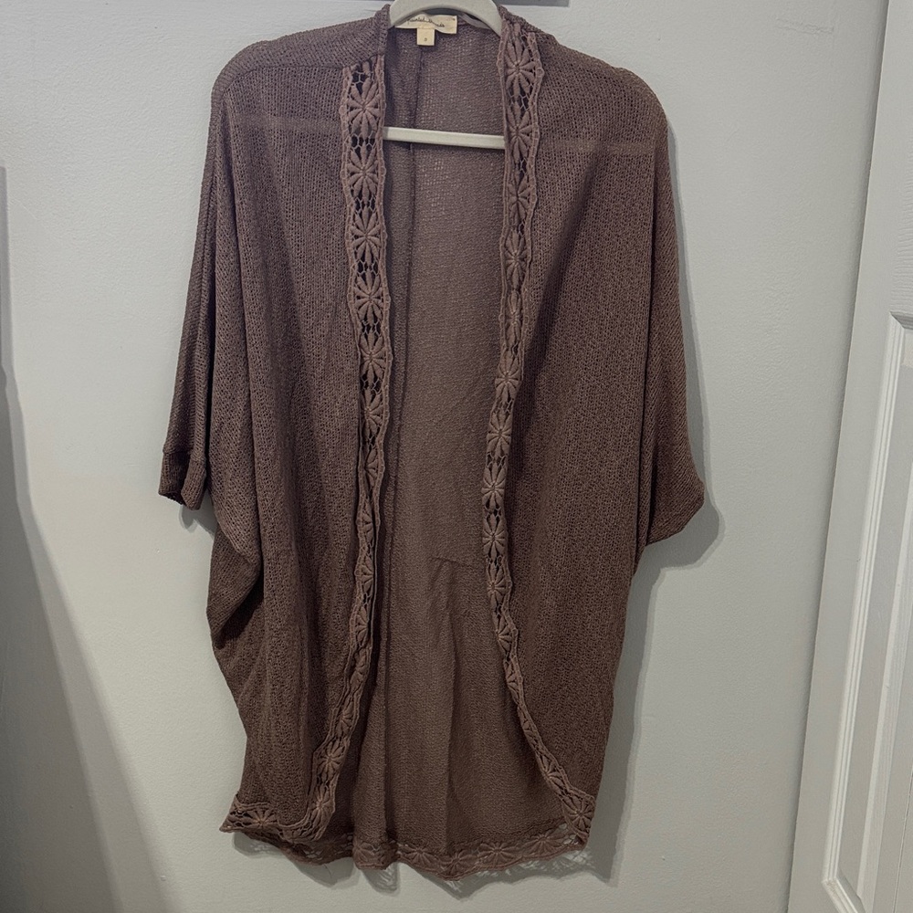 Brown Open Front OverSized Cardigan with Lace Trim